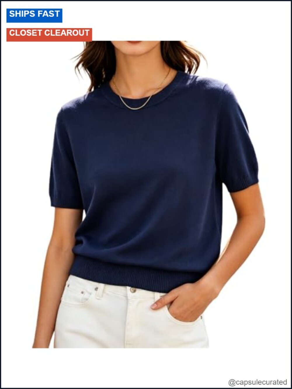 Short Sleeve Knit Pullover Sweater Crew Neck Elastic Hem Lightweight Business